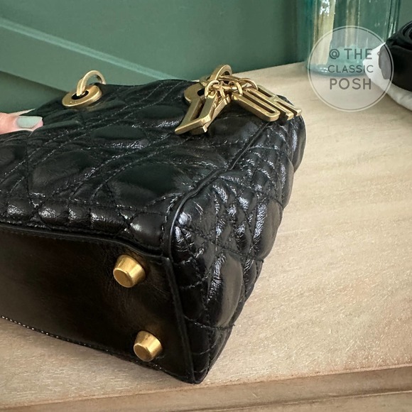 Lady Dior Cannage Small Crinkled Calfskin Black Gold Shoulder Crossbody Bag - Picture 3 of 15